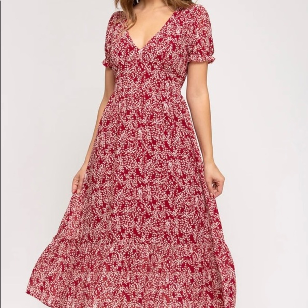 Red Floral Midi Dress